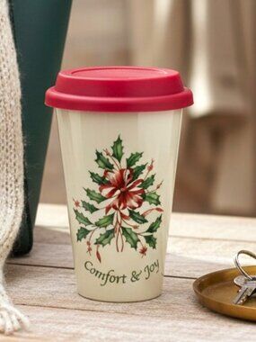 LENOX American by Design Holiday Comfort & Joy 12oz Travel Mug Cup Holly Ivory